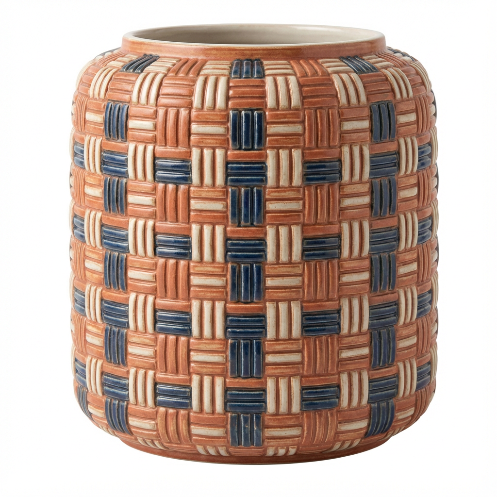 Woven Harbor Textured Ceramic Cachepot (Terracotta/Cream/Navy)