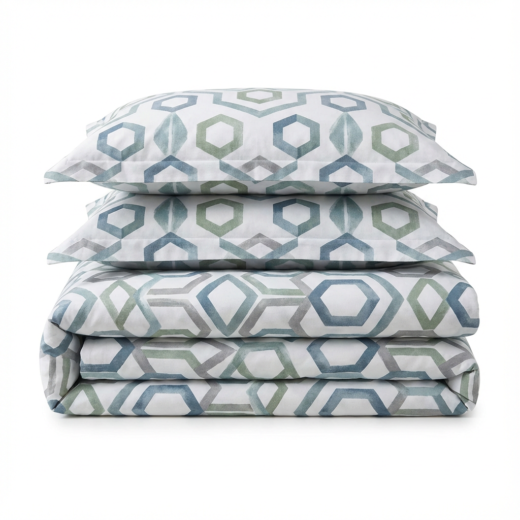 Harbor Bloom “Sea Salt Hex” Blue & Sage Geometric Comforter Set (Queen), 3-Piece