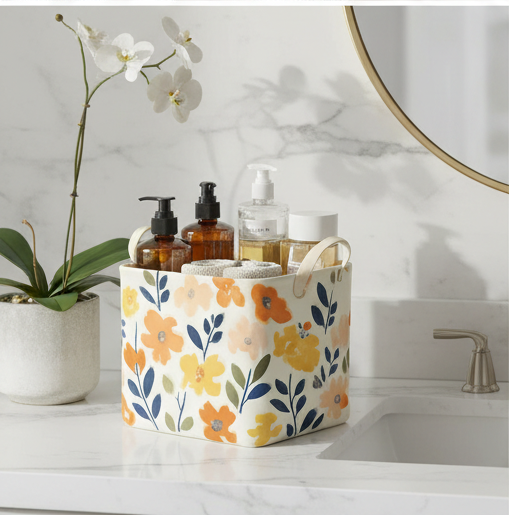 Meadow Bloom Floral Ceramic Cachepot / Storage Bin with Handles — Medium