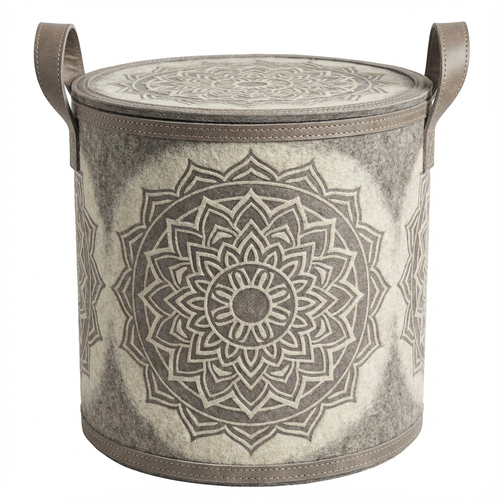 Mandala Round Storage Ottoman Basket with Lid & Handles (Grey/Ivory) — Medium