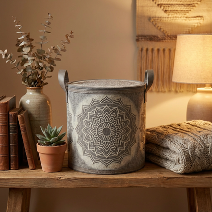 Mandala Round Storage Ottoman Basket with Lid & Handles (Grey/Ivory) — Medium