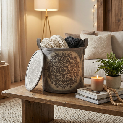 Mandala Round Storage Ottoman Basket with Lid & Handles (Grey/Ivory) — Medium
