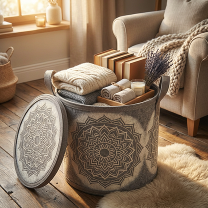 Mandala Round Storage Ottoman Basket with Lid & Handles (Grey/Ivory) — Medium