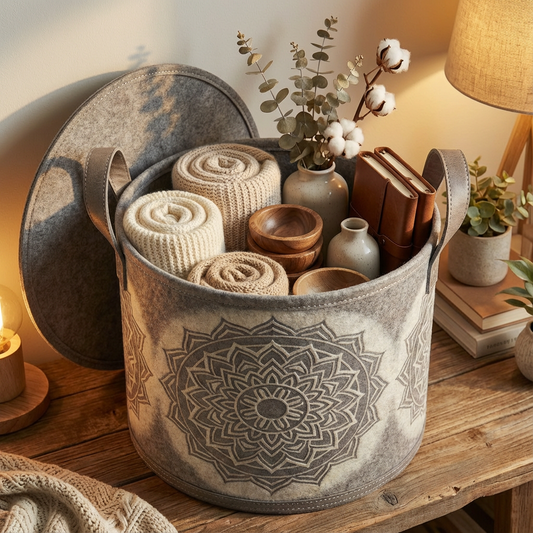 Mandala Round Storage Ottoman Basket with Lid & Handles (Grey/Ivory) — Medium