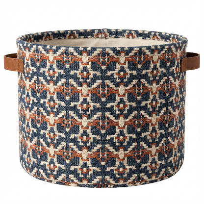 Geometric Woven Round Storage Basket with Leather Handles (Navy/Rust/Ivory) — Medium