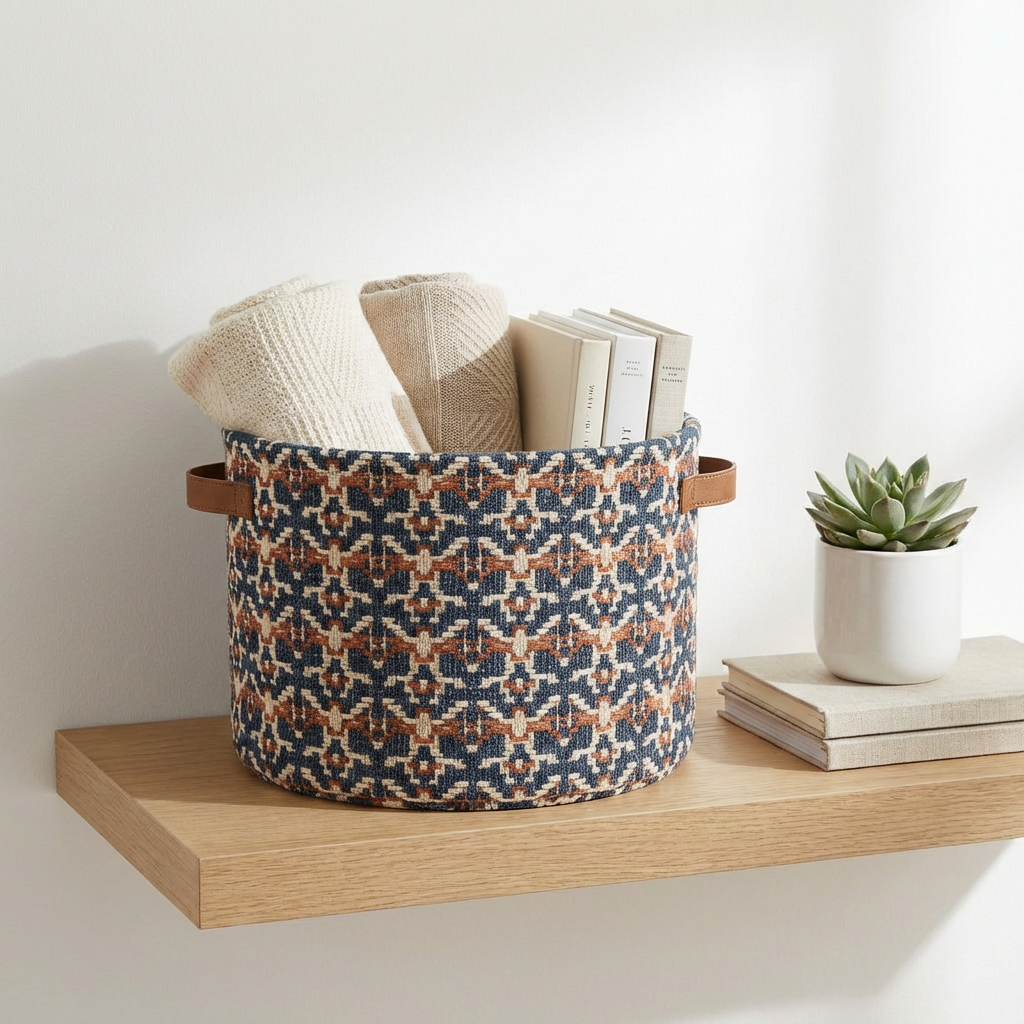 Geometric Woven Round Storage Basket with Leather Handles (Navy/Rust/Ivory) — Medium