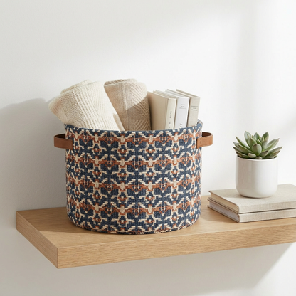 Geometric Woven Round Storage Basket with Leather Handles (Navy/Rust/Ivory) — Medium