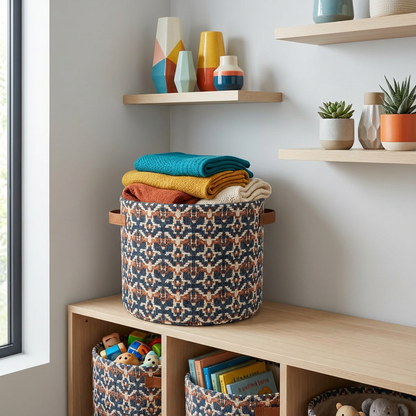 Geometric Woven Round Storage Basket with Leather Handles (Navy/Rust/Ivory) — Medium