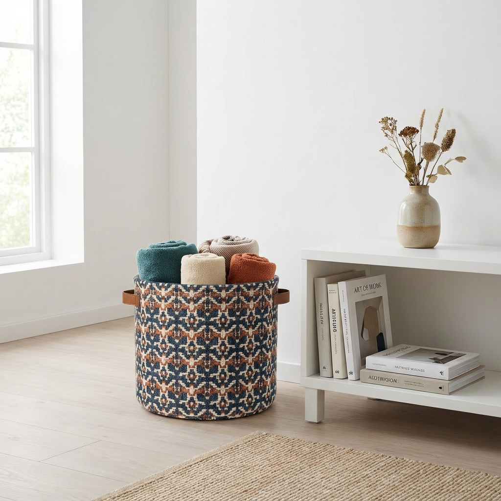 Geometric Woven Round Storage Basket with Leather Handles (Navy/Rust/Ivory) — Medium