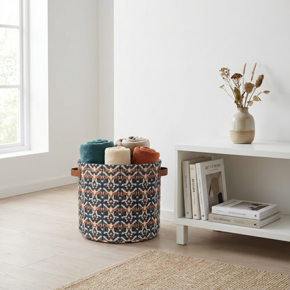 Geometric Woven Round Storage Basket with Leather Handles (Navy/Rust/Ivory) — Medium
