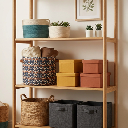Geometric Woven Round Storage Basket with Leather Handles (Navy/Rust/Ivory) — Medium