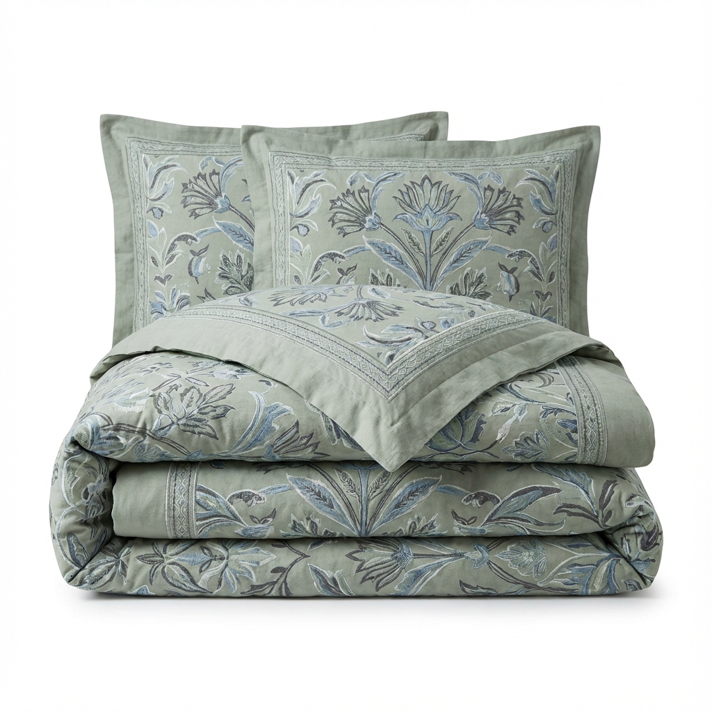 Harbor Bloom “Sage Blossom” Embroidered-Look Comforter Set (Queen), 3-Piece