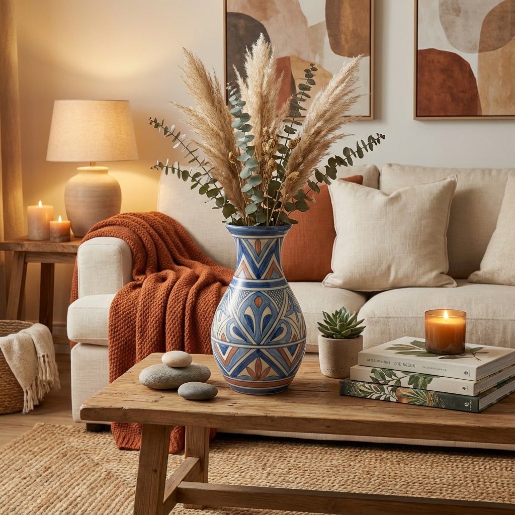 Blue & White Moroccan Geometric Hand-Painted Ceramic Vase