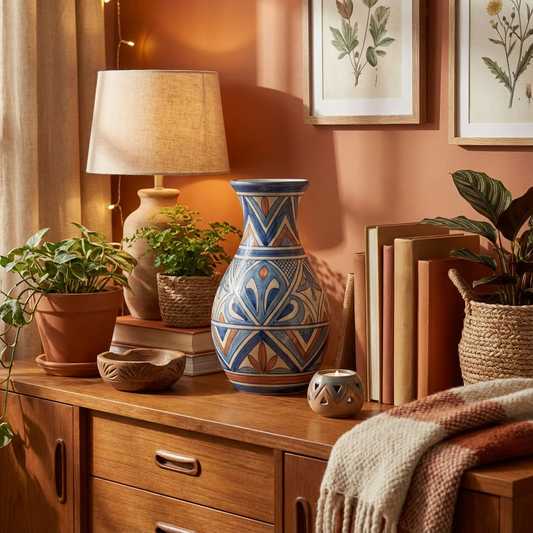 Blue & White Moroccan Geometric Hand-Painted Ceramic Vase