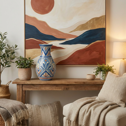 Blue & White Moroccan Geometric Hand-Painted Ceramic Vase