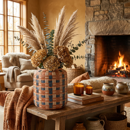 Woven Harbor Textured Ceramic Cachepot (Terracotta/Cream/Navy)