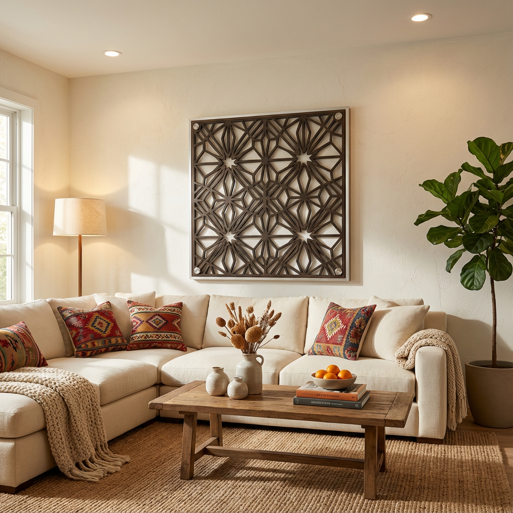 Star Lattice Geometric Metal Wall Art Panel (Bronze/Silver Frame) — Medium