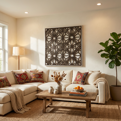 Star Lattice Geometric Metal Wall Art Panel (Bronze/Silver Frame) — Medium