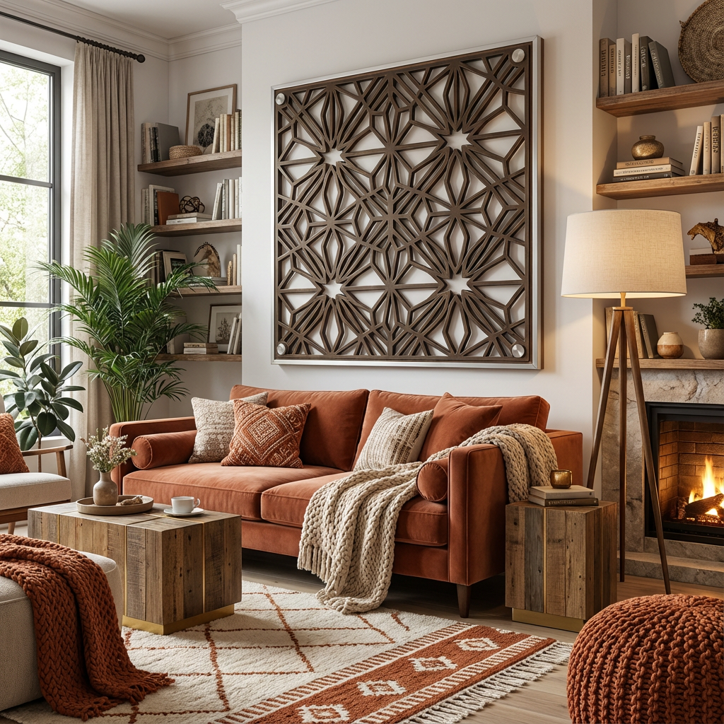 Star Lattice Geometric Metal Wall Art Panel (Bronze/Silver Frame) — Medium