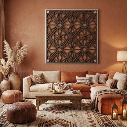 Star Lattice Geometric Metal Wall Art Panel (Bronze/Silver Frame) — Medium