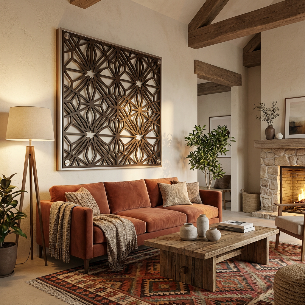 Star Lattice Geometric Metal Wall Art Panel (Bronze/Silver Frame) — Medium