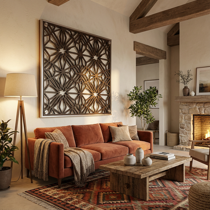 Star Lattice Geometric Metal Wall Art Panel (Bronze/Silver Frame) — Medium