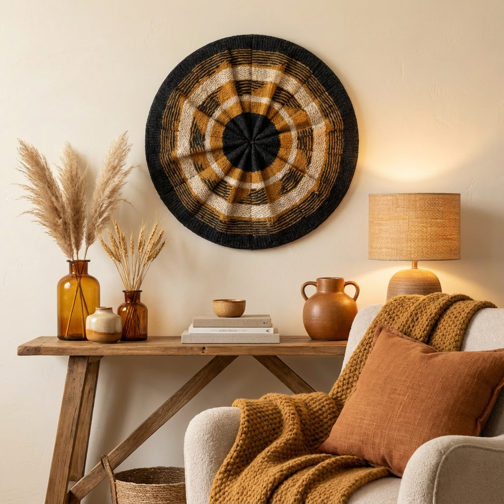 Sahara Rings Round Woven Wall Basket Wall Décor (Black/Tan/Ivory) — Medium-Large