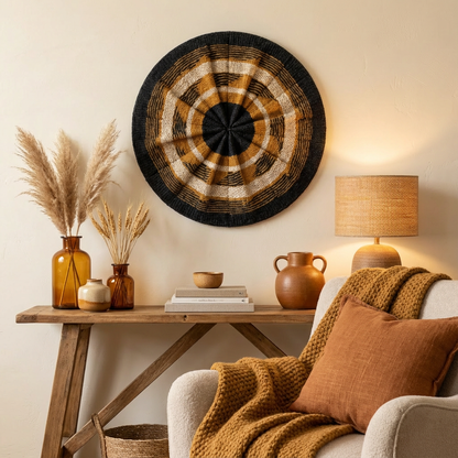 Sahara Rings Round Woven Wall Basket Wall Décor (Black/Tan/Ivory) — Medium-Large