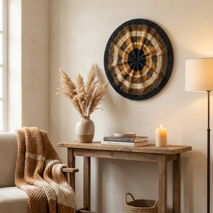 Sahara Rings Round Woven Wall Basket Wall Décor (Black/Tan/Ivory) — Medium-Large