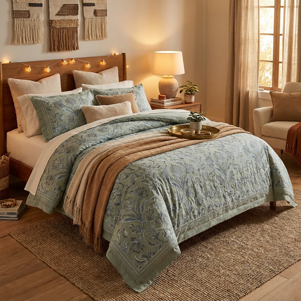 Harbor Bloom “Sage Blossom” Embroidered-Look Comforter Set (Queen), 3-Piece
