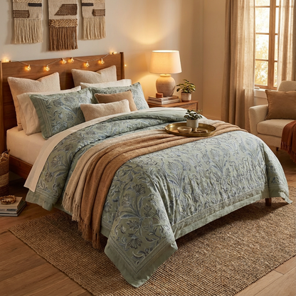 Harbor Bloom “Sage Blossom” Embroidered-Look Comforter Set (Queen), 3-Piece