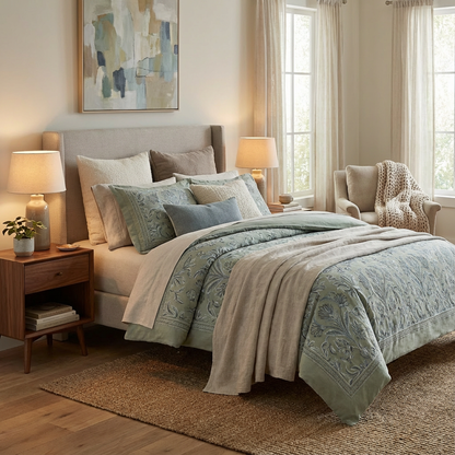 Harbor Bloom “Sage Blossom” Embroidered-Look Comforter Set (Queen), 3-Piece