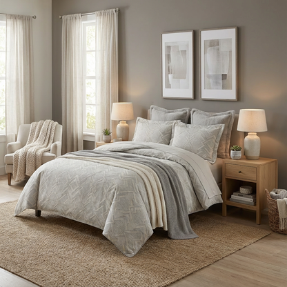 Harbor Bloom “Mist Silver Diamond” Geometric Jacquard-Style Comforter Set (Queen), 3-Piece