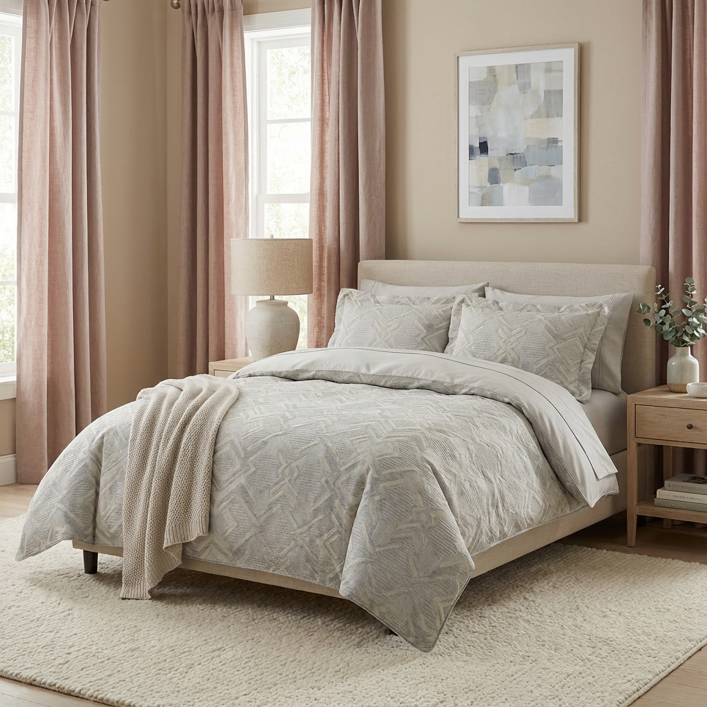 Harbor Bloom “Mist Silver Diamond” Geometric Jacquard-Style Comforter Set (Queen), 3-Piece