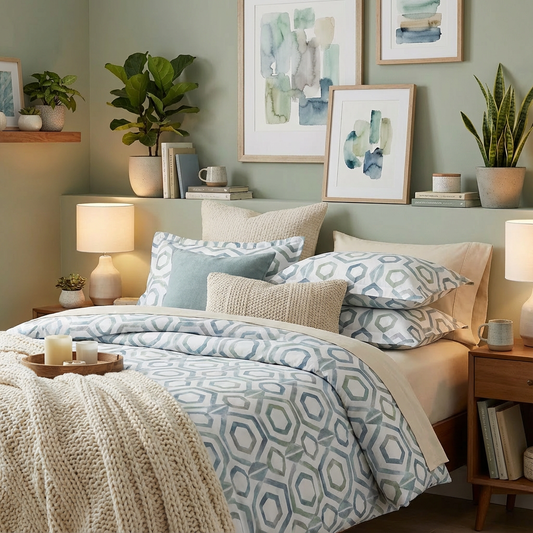 Harbor Bloom “Sea Salt Hex” Blue & Sage Geometric Comforter Set (Queen), 3-Piece