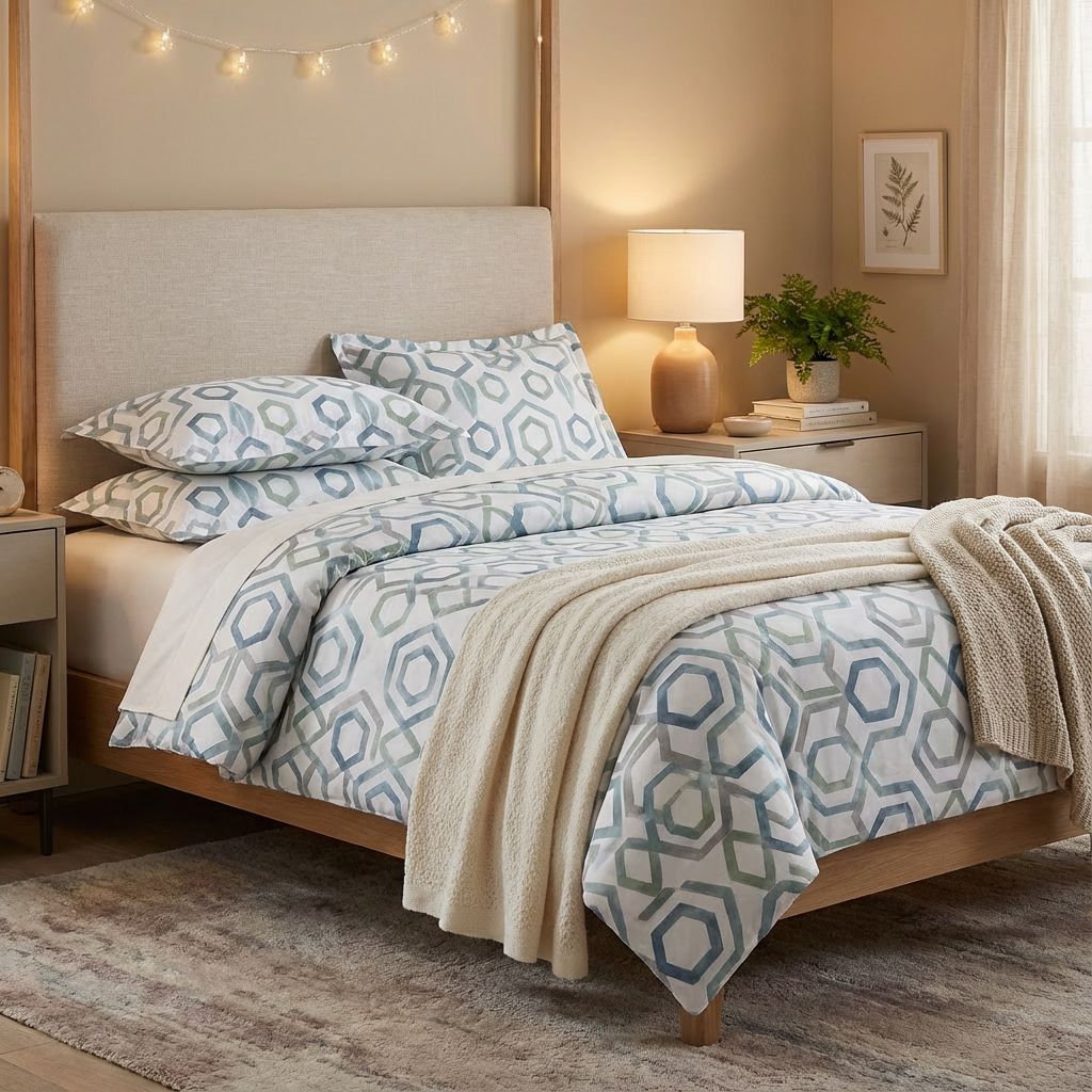 Harbor Bloom “Sea Salt Hex” Blue & Sage Geometric Comforter Set (Queen), 3-Piece