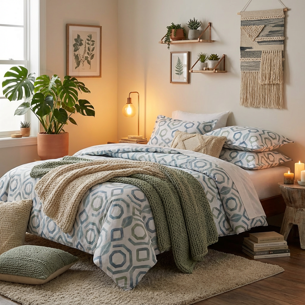 Harbor Bloom “Sea Salt Hex” Blue & Sage Geometric Comforter Set (Queen), 3-Piece