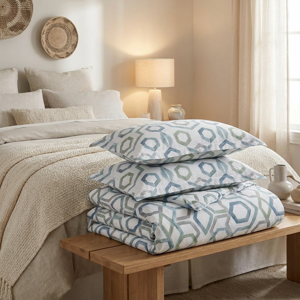 Harbor Bloom “Sea Salt Hex” Blue & Sage Geometric Comforter Set (Queen), 3-Piece