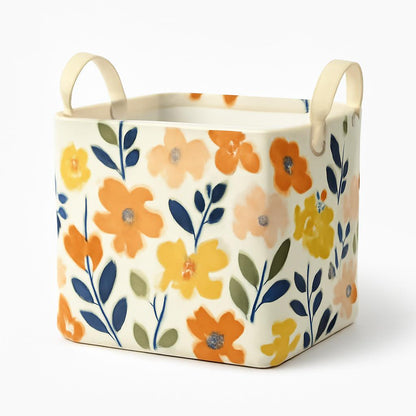 Meadow Bloom Floral Ceramic Cachepot / Storage Bin with Handles — Medium