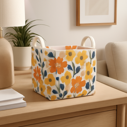 Meadow Bloom Floral Ceramic Cachepot / Storage Bin with Handles — Medium