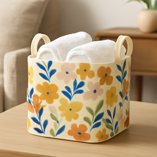 Meadow Bloom Floral Ceramic Cachepot / Storage Bin with Handles — Medium