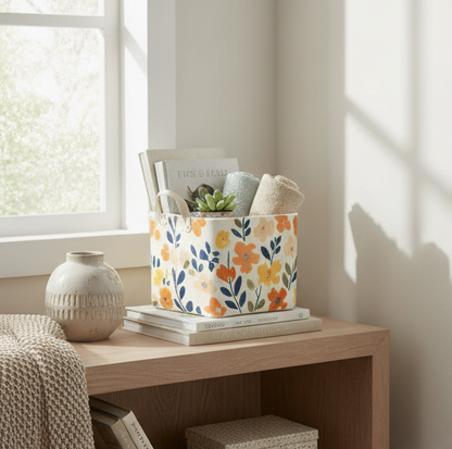 Meadow Bloom Floral Ceramic Cachepot / Storage Bin with Handles — Medium