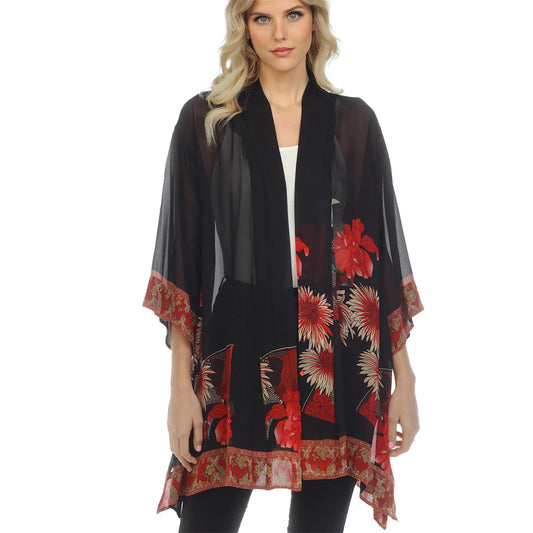 Citron Chrysanthemum-Print Kimono Red/Black