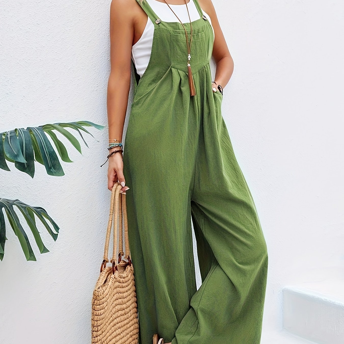 Boho Solid Sleeveless Casual Baggy Jumpsuit With Pockets