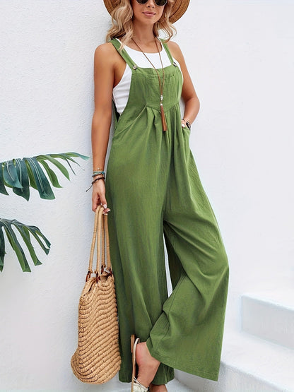 Boho Solid Sleeveless Casual Baggy Jumpsuit With Pockets