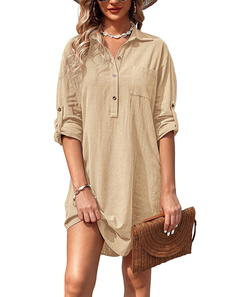 Linen Henley Tunic Top Summer Beach Coverup