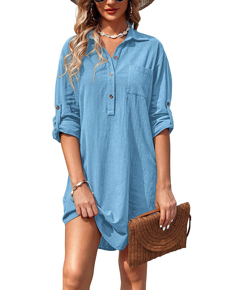 Linen Henley Tunic Top Summer Beach Coverup