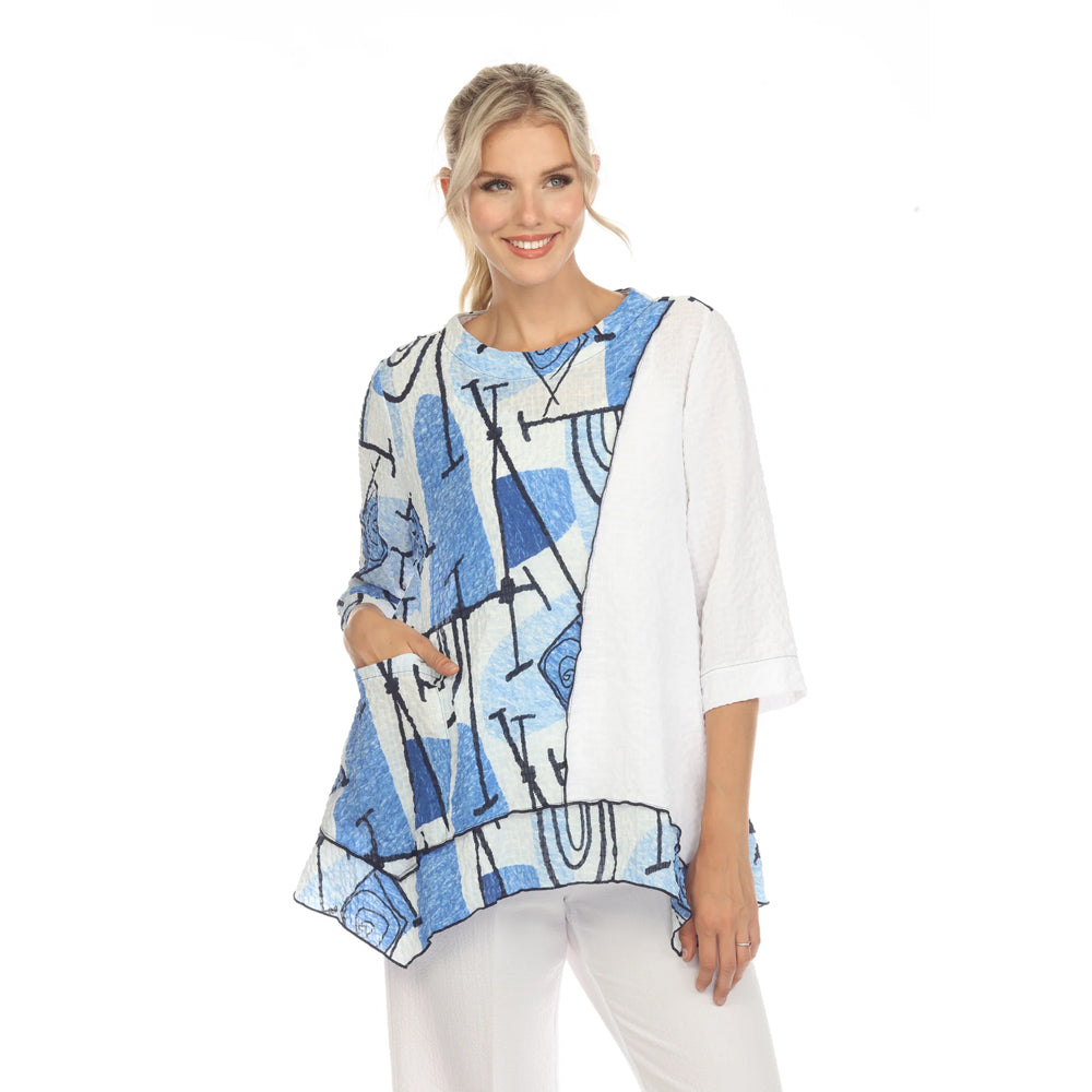 Moonlight Abstract Tunic Top in Blue Hues, Black & White