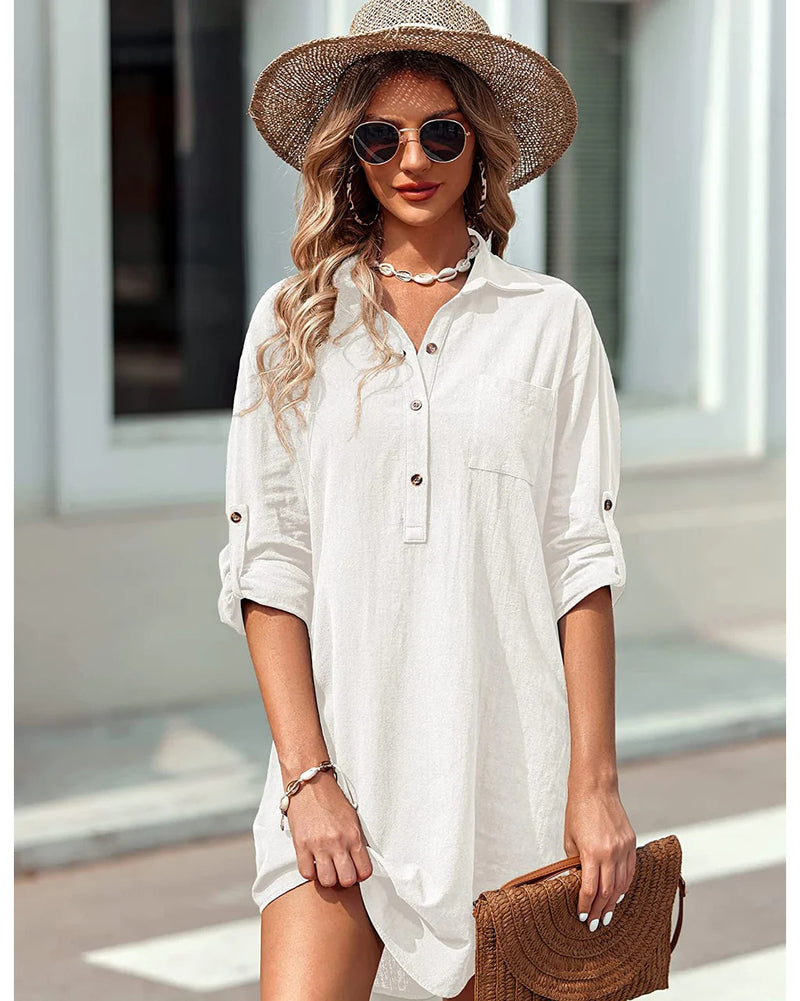 Linen Henley Tunic Top Summer Beach Coverup