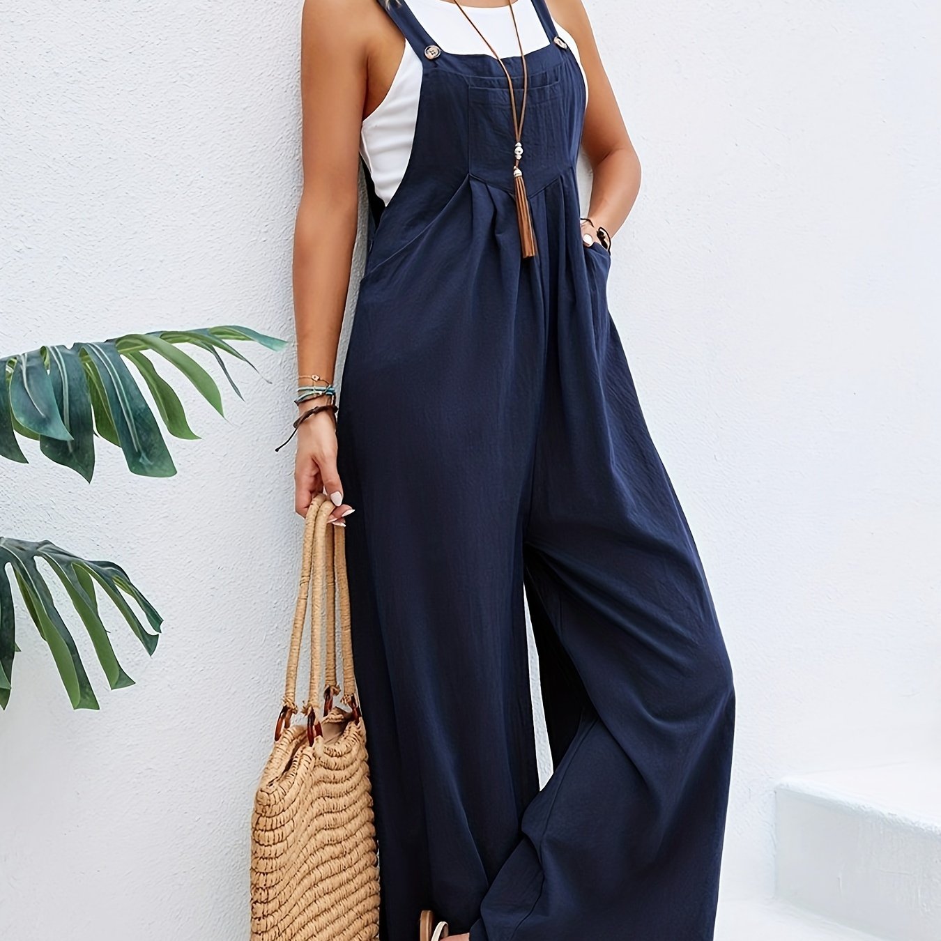 Boho Solid Sleeveless Casual Baggy Jumpsuit With Pockets